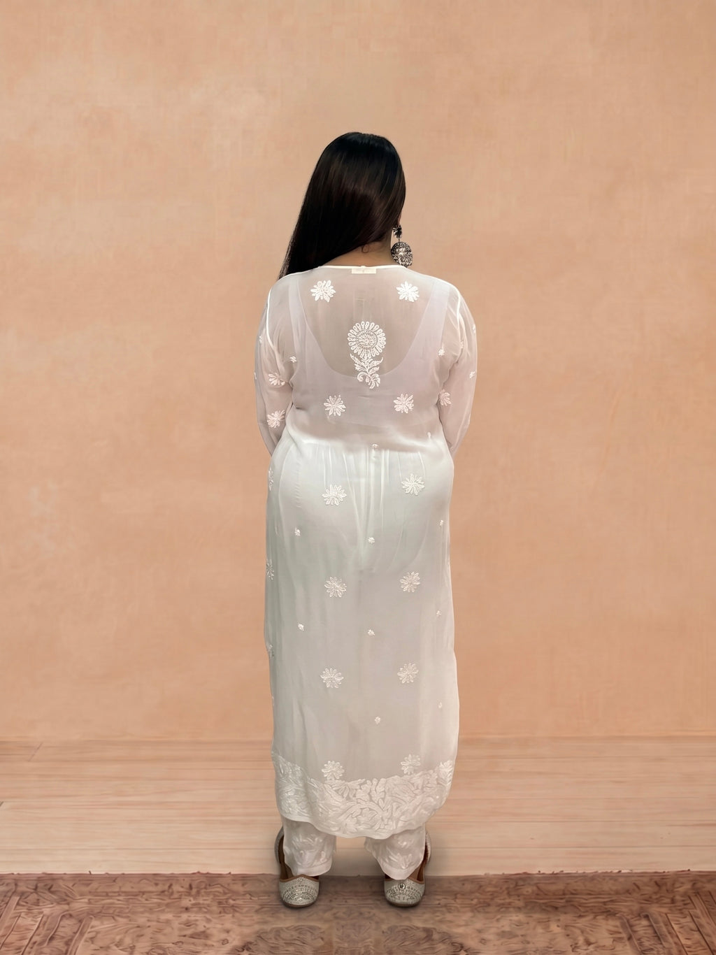 Georgette Chikankari Solid Women's Long Kurti - White