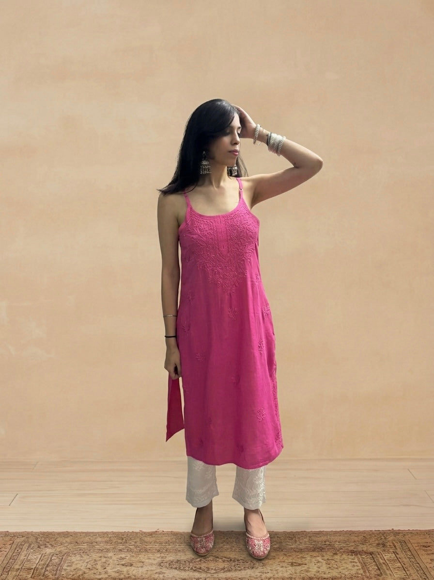 Rayon Chikankari Solid Women's Kurti - Pink