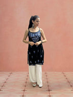 Rayon Chikankari Solid Women's Mid length Kurti - Black (Blue)