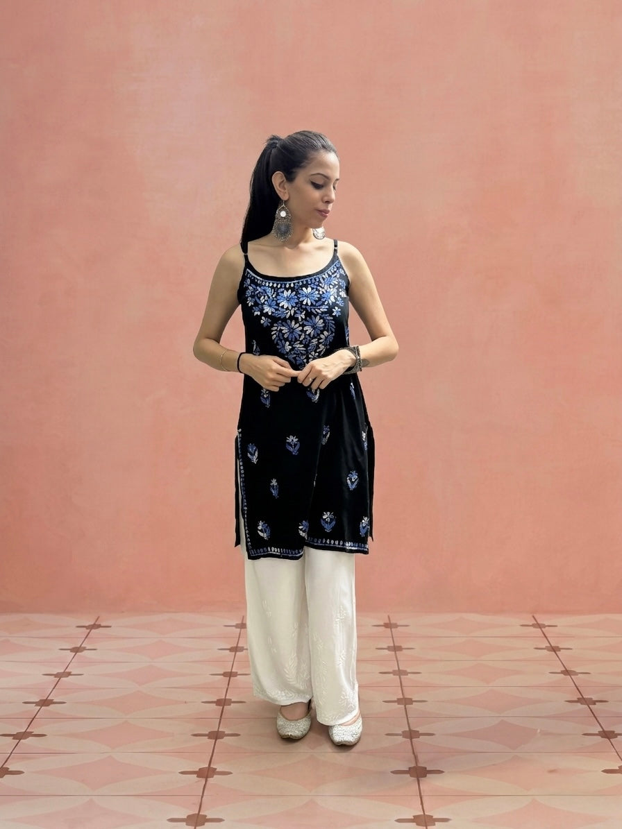 Rayon Chikankari Solid Women's Mid length Kurti - Black (Blue)