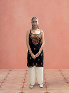 Rayon Chikankari Solid Women's Mid length Kurti - Black (Multi)