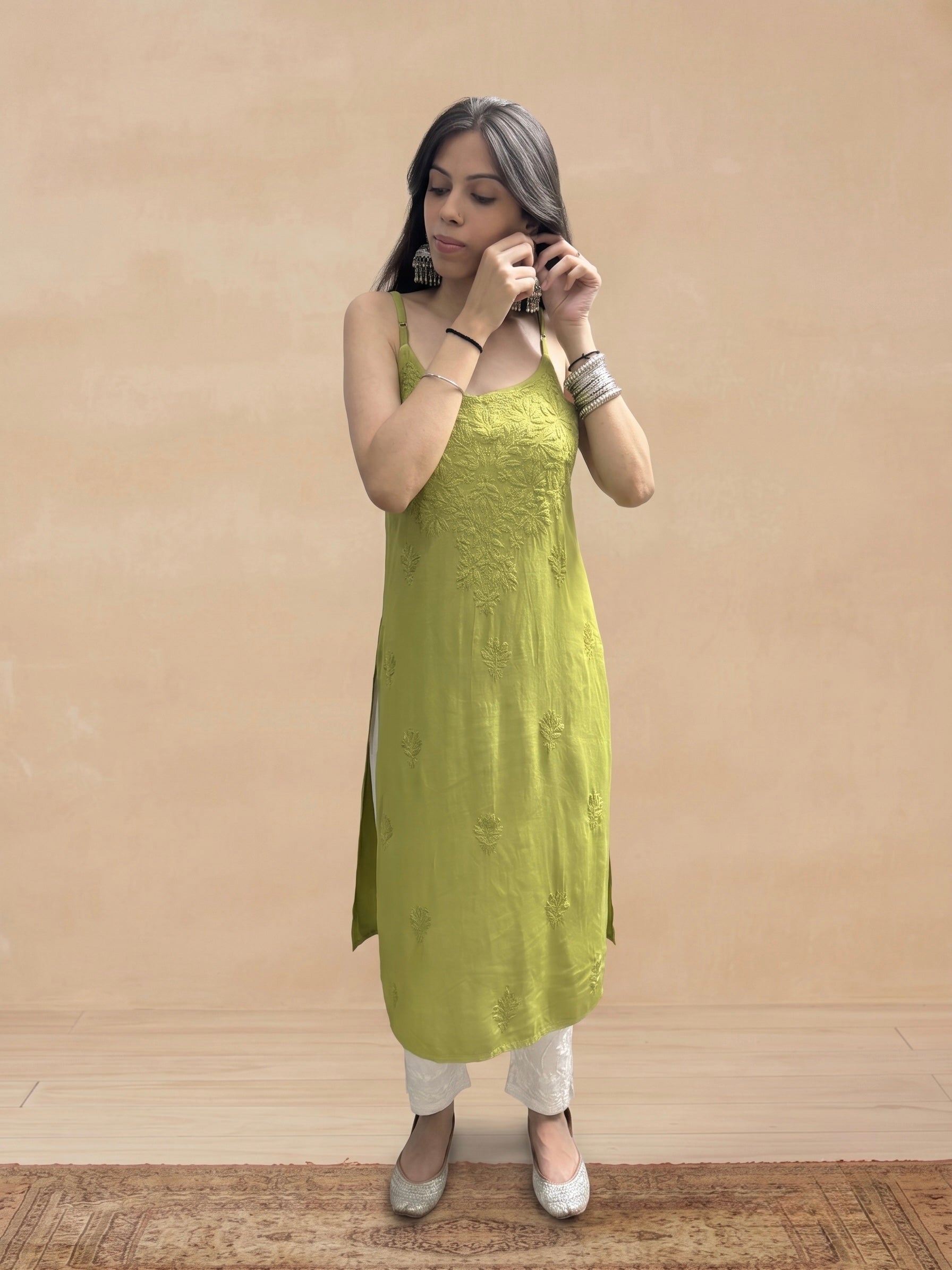 Rayon Chikankari Solid Women's Kurti - Olive Green