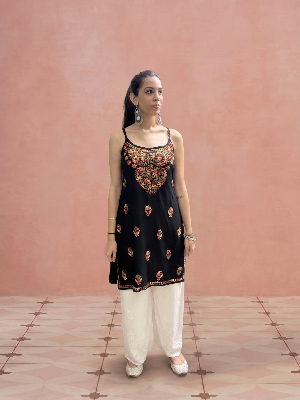 Rayon Chikankari Solid Women's Mid length Kurti - Black (Multi)