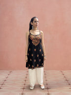 Rayon Chikankari Solid Women's Mid length Kurti - Black (Multi)