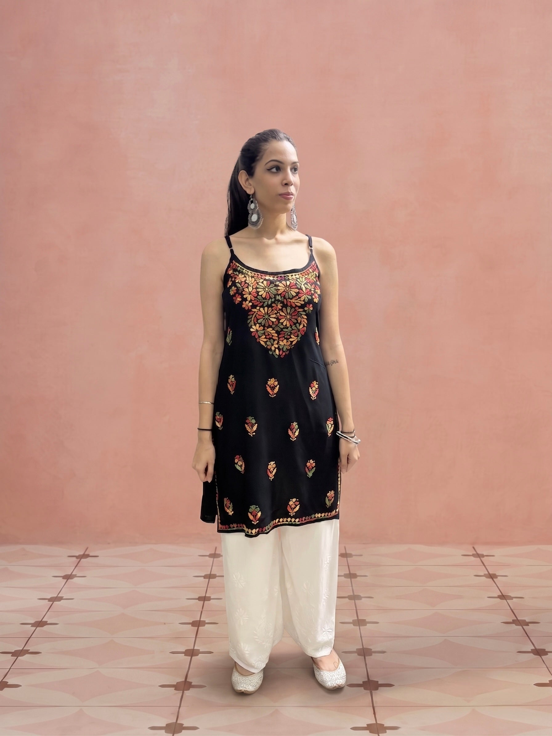 Rayon Chikankari Solid Women's Mid length Kurti - Black (Multi)