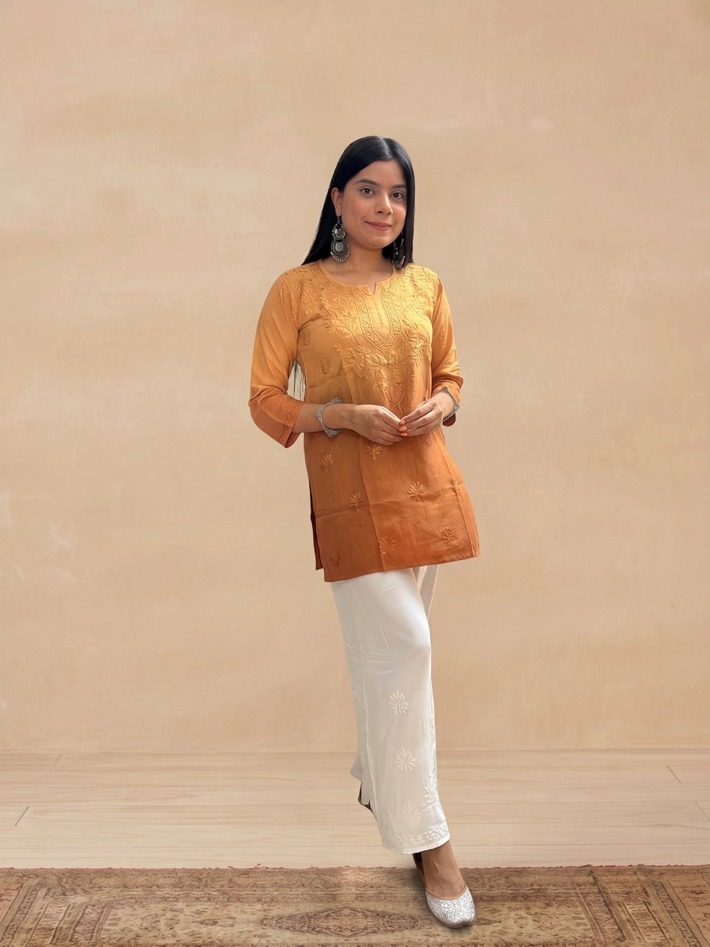 Rayon Chikankari Ombre Women's Short Kurta - Mustard