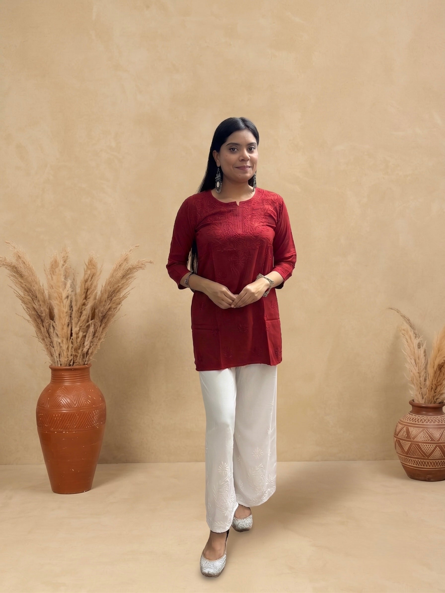 Rayon Chikankari Solid Women's Short Kurta - Maroon