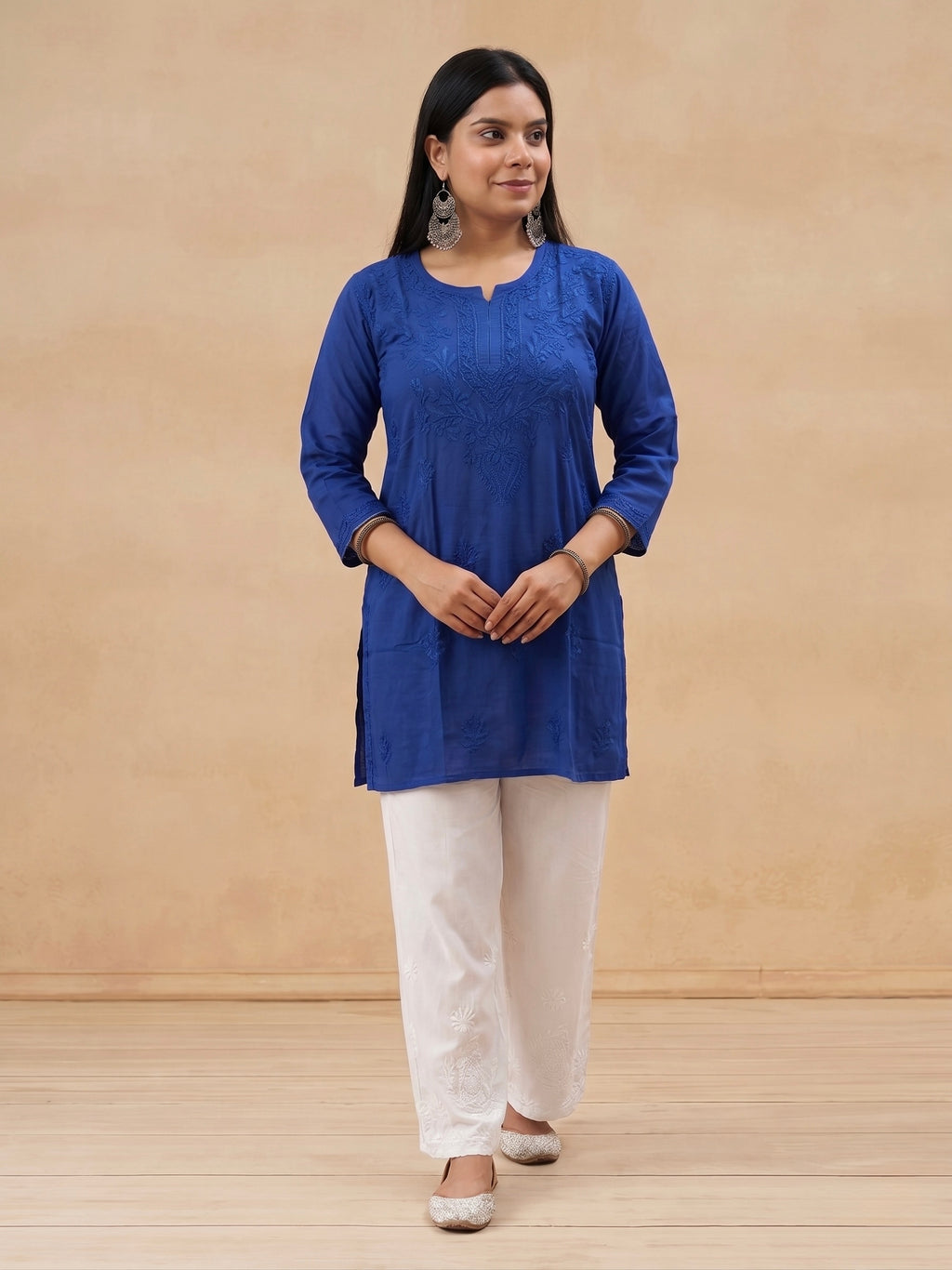 Rayon Chikankari Solid Women's Short Kurta - Blue