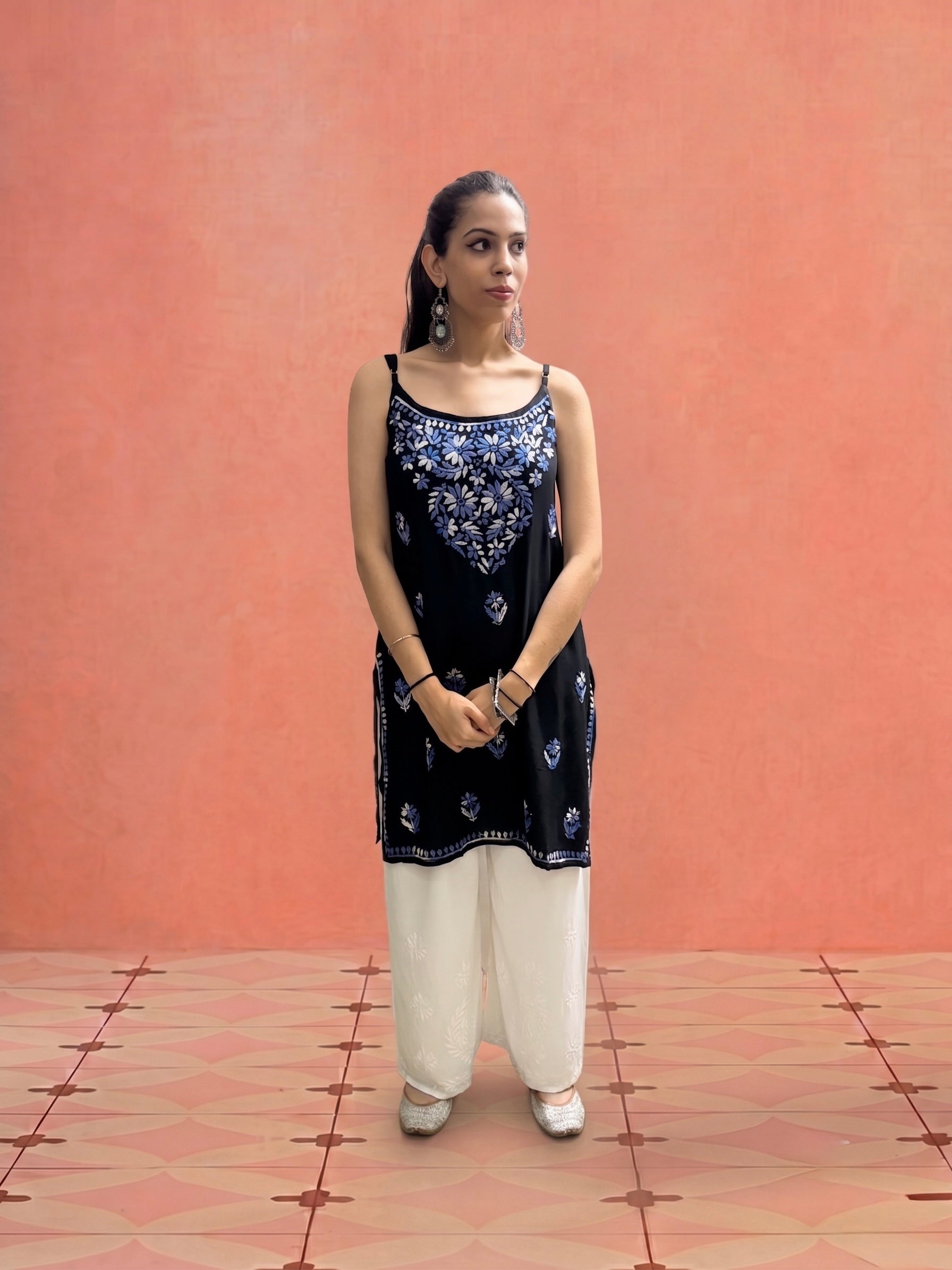 Rayon Chikankari Solid Women's Mid length Kurti - Black (Blue)