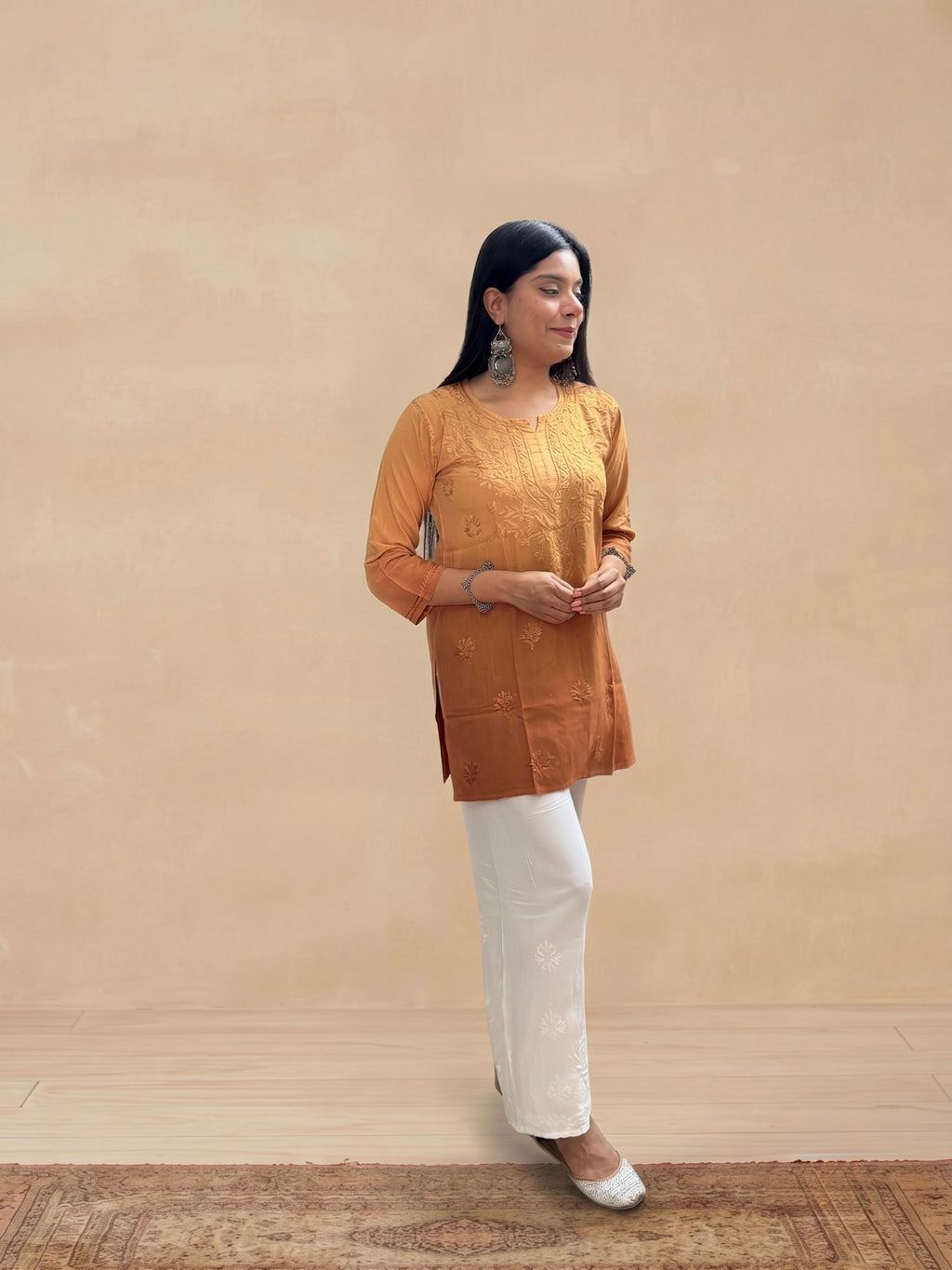 Rayon Chikankari Ombre Women's Short Kurta - Mustard