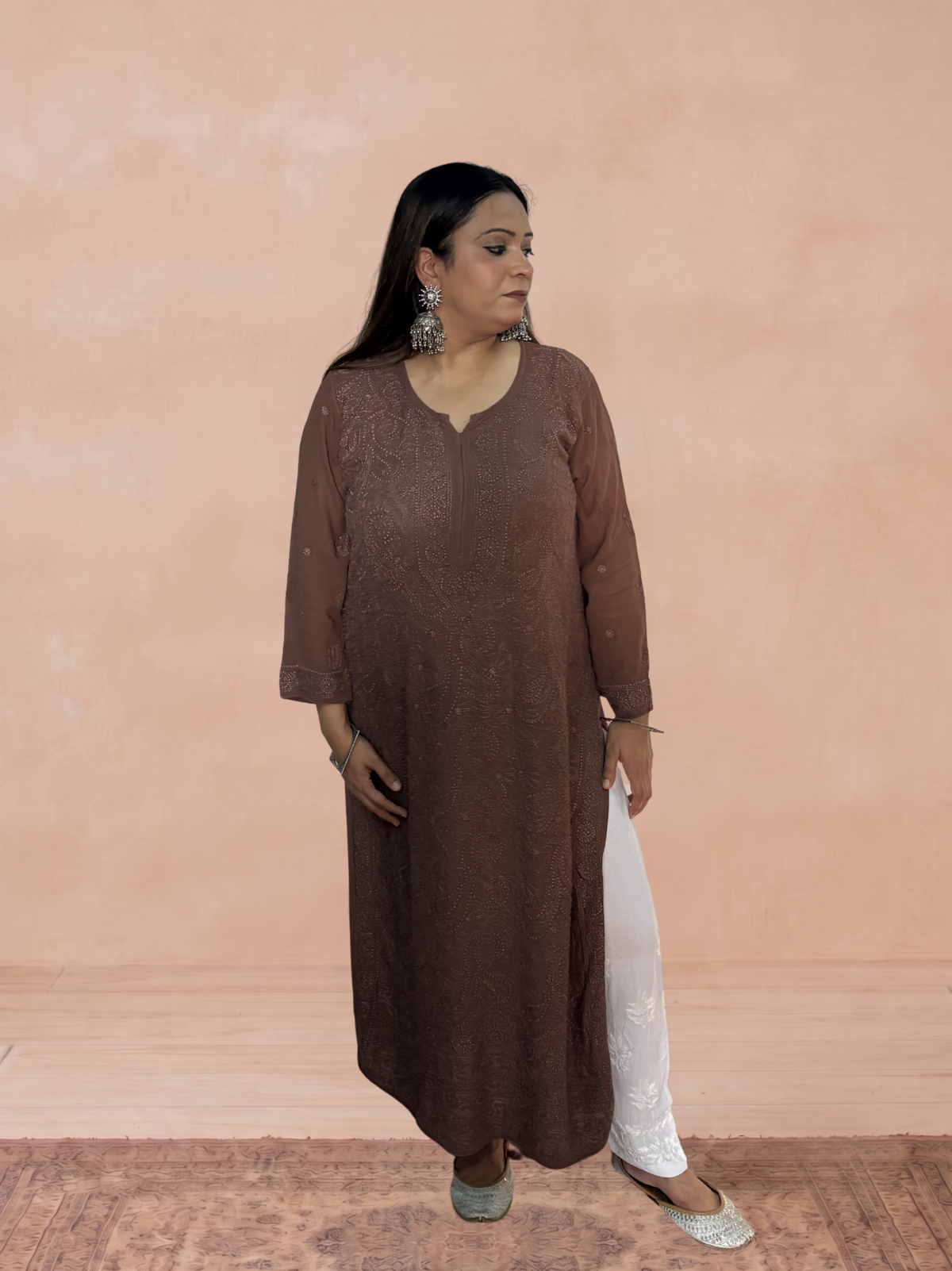 Georgette Chikankari Solid Women's Long Kurti - Light Brown