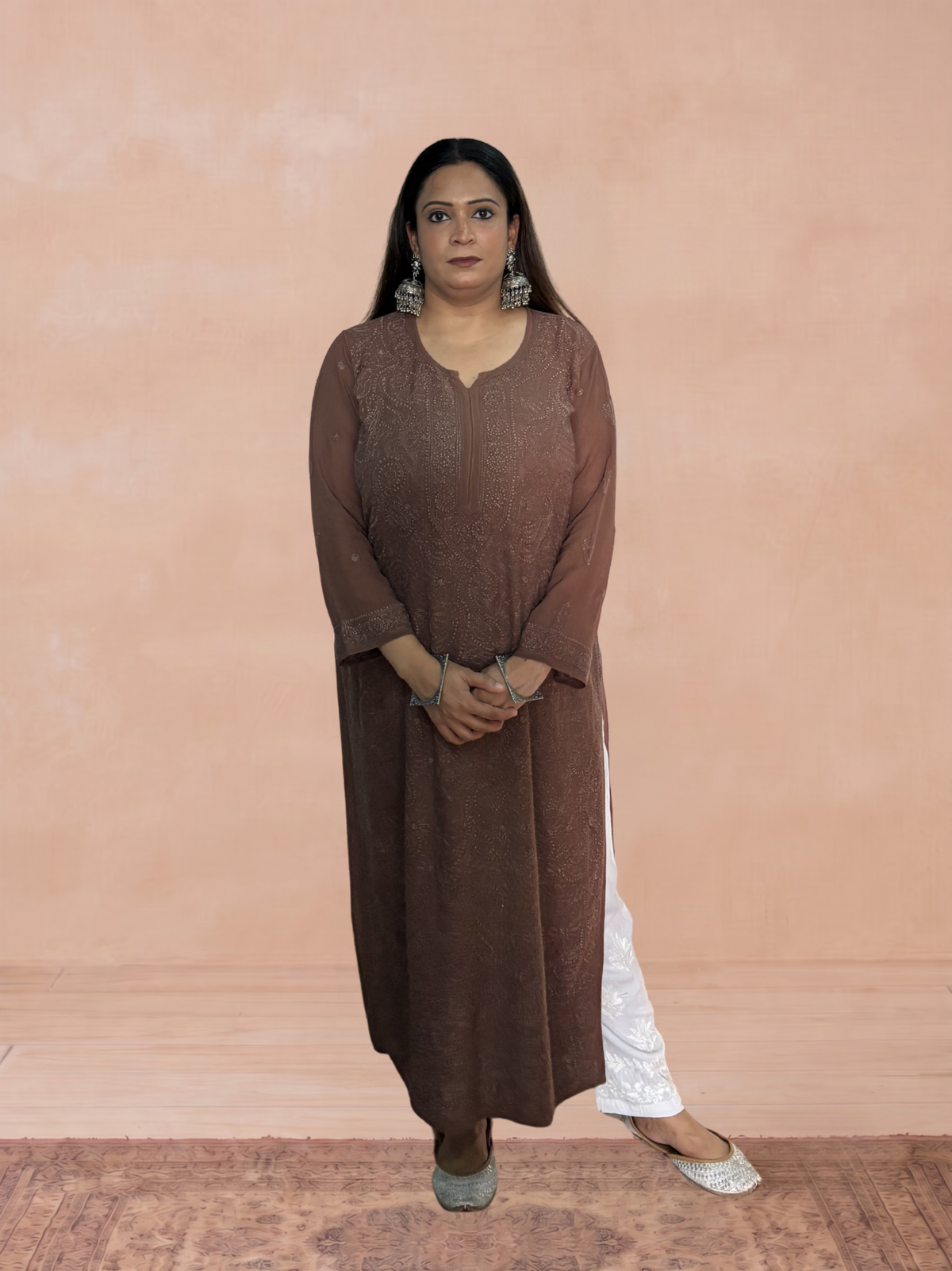 Georgette Chikankari Solid Women's Long Kurti - Light Brown