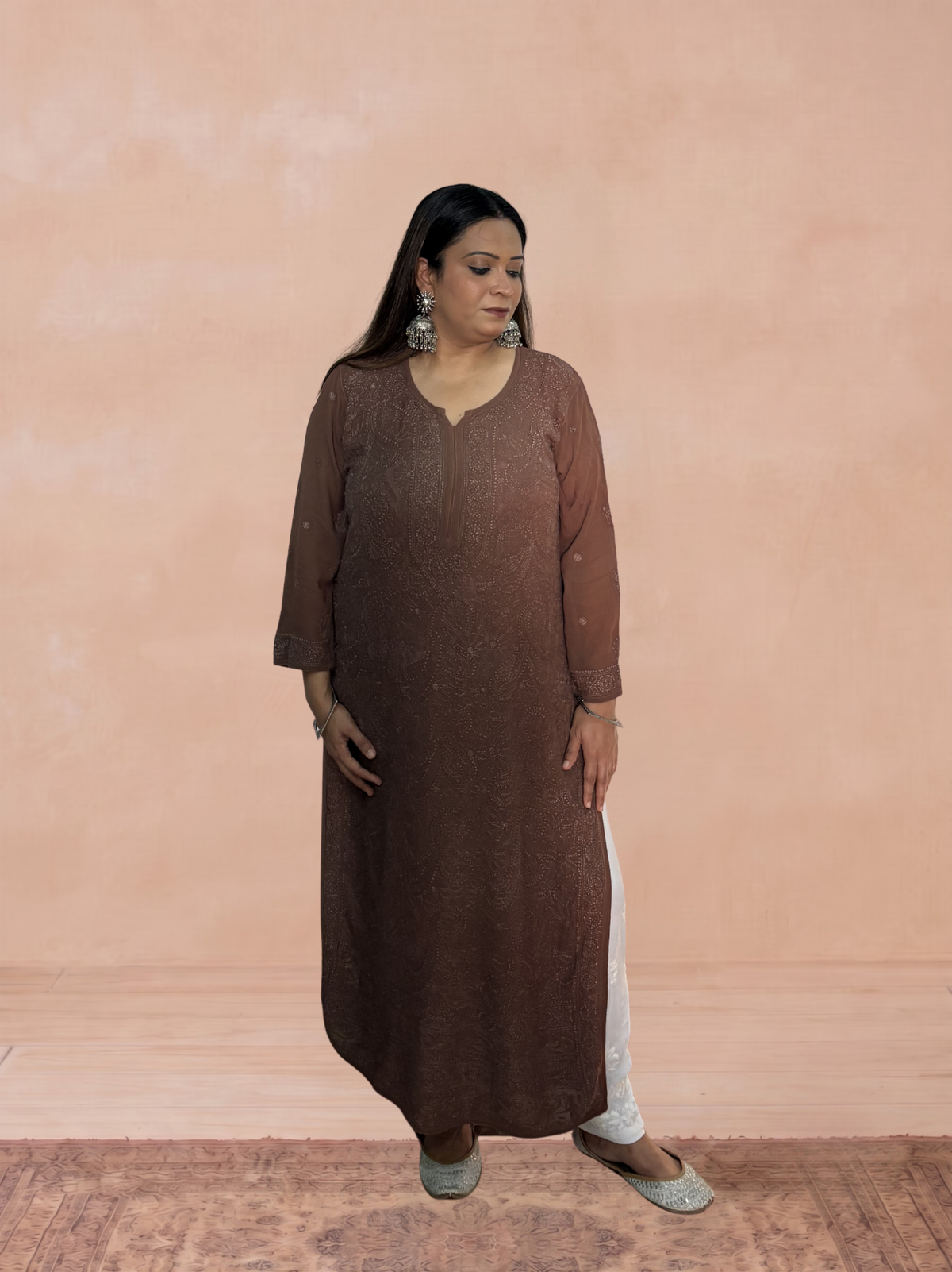 Georgette Chikankari Solid Women's Long Kurti - Light Brown