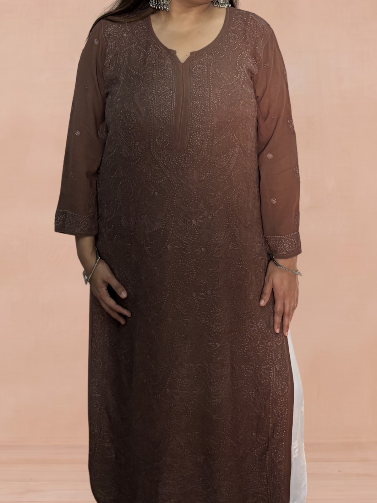 Georgette Chikankari Solid Women's Long Kurti - Light Brown