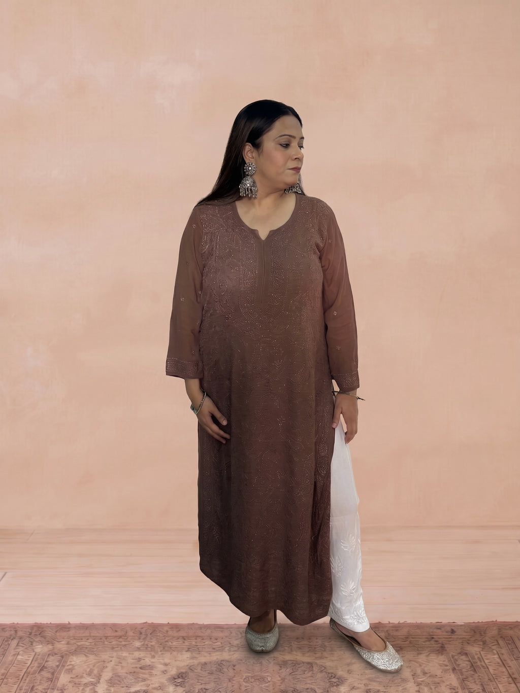 Georgette Chikankari Solid Women's Long Kurti - Chocolate Brown