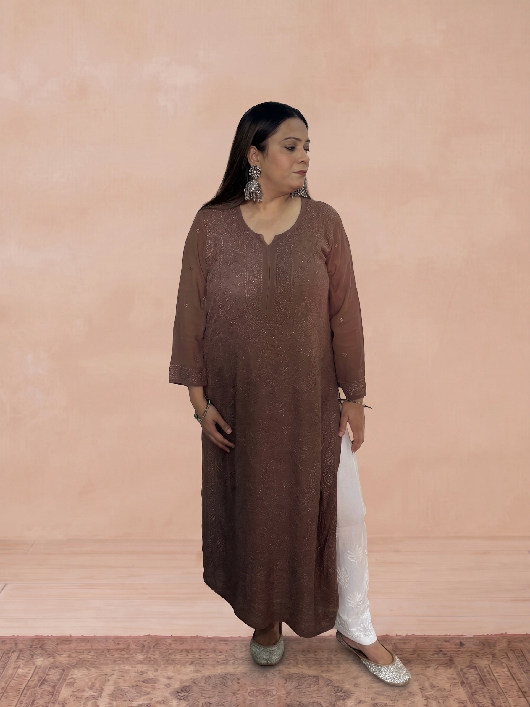 Georgette Chikankari Solid Women's Long Kurti - Chocolate Brown