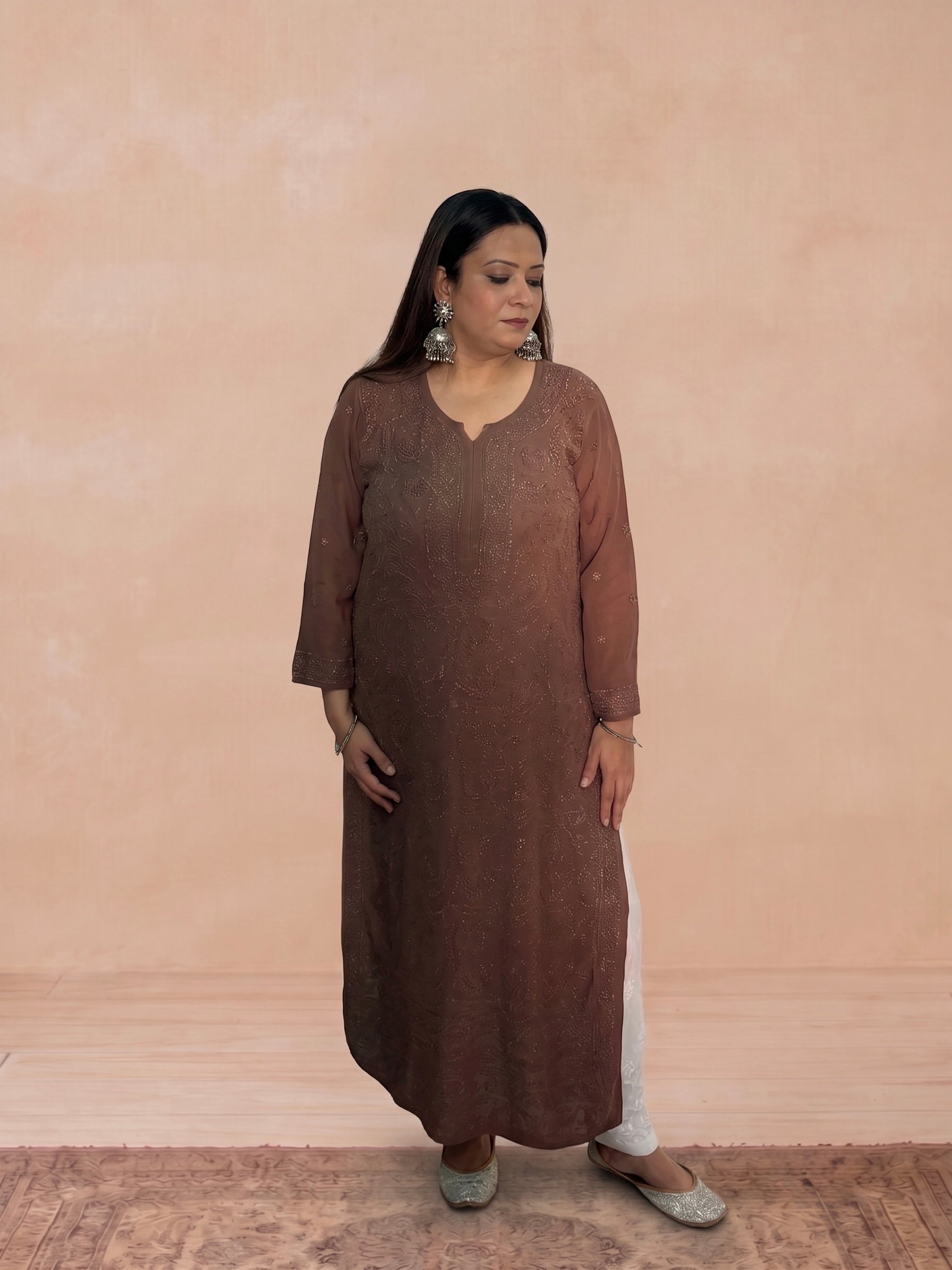 Georgette Chikankari Solid Women's Long Kurti - Chocolate Brown