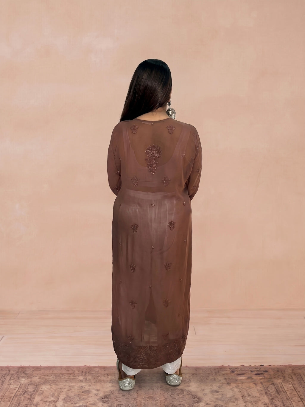 Georgette Chikankari Solid Women's Long Kurti - Chocolate Brown
