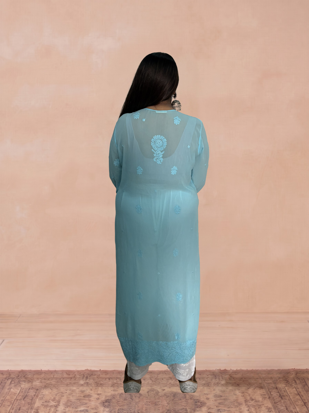 Georgette Chikankari Solid Women's Long Kurti - Blue