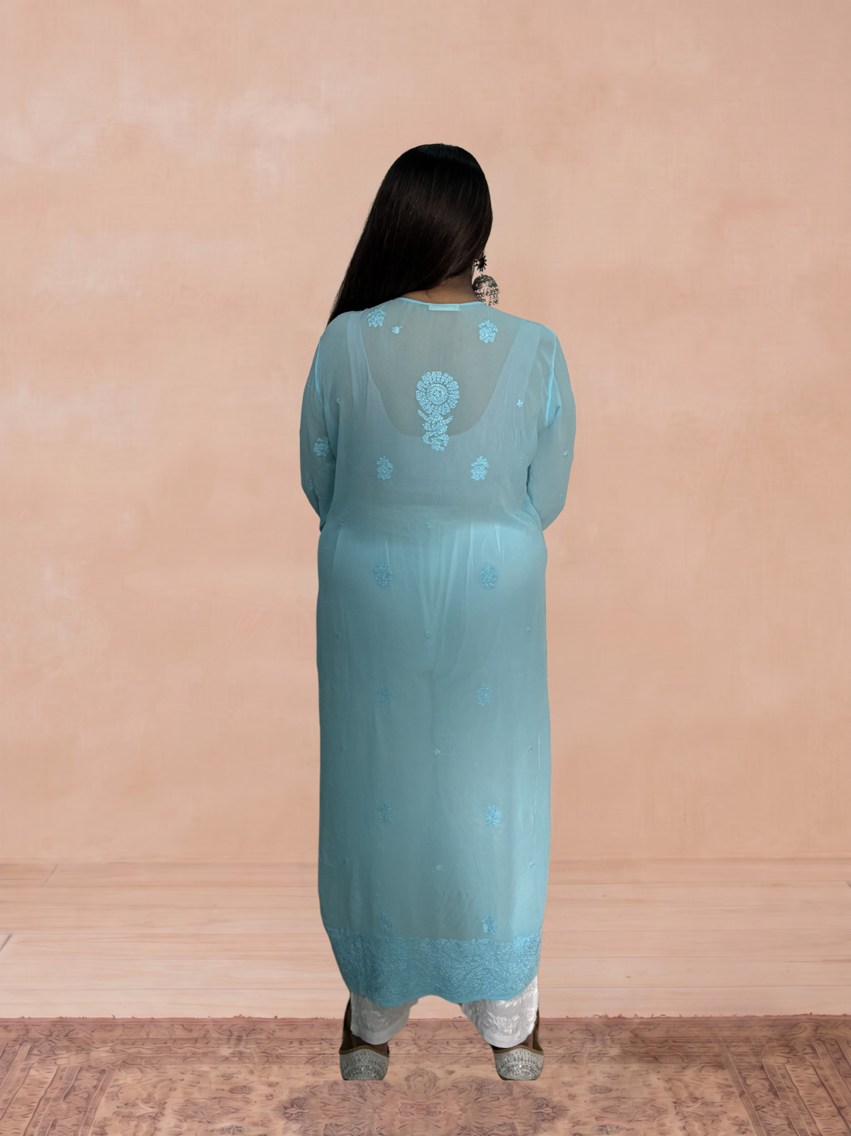 Georgette Chikankari Solid Women's Long Kurti - Blue