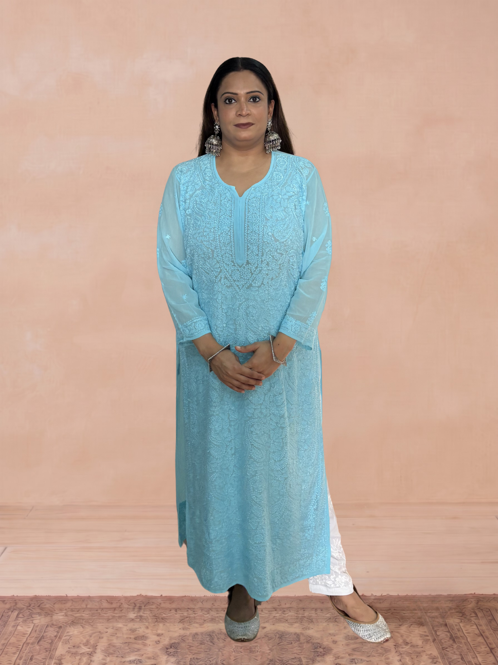 Georgette Chikankari Solid Women's Long Kurti - Blue