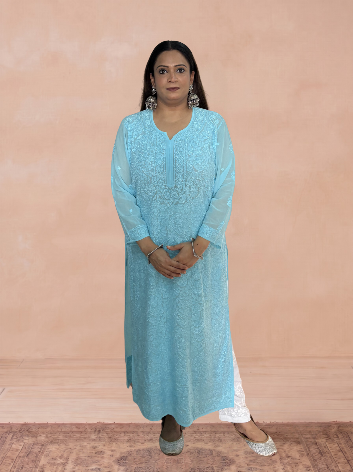 Georgette Chikankari Solid Women's Long Kurti - Blue