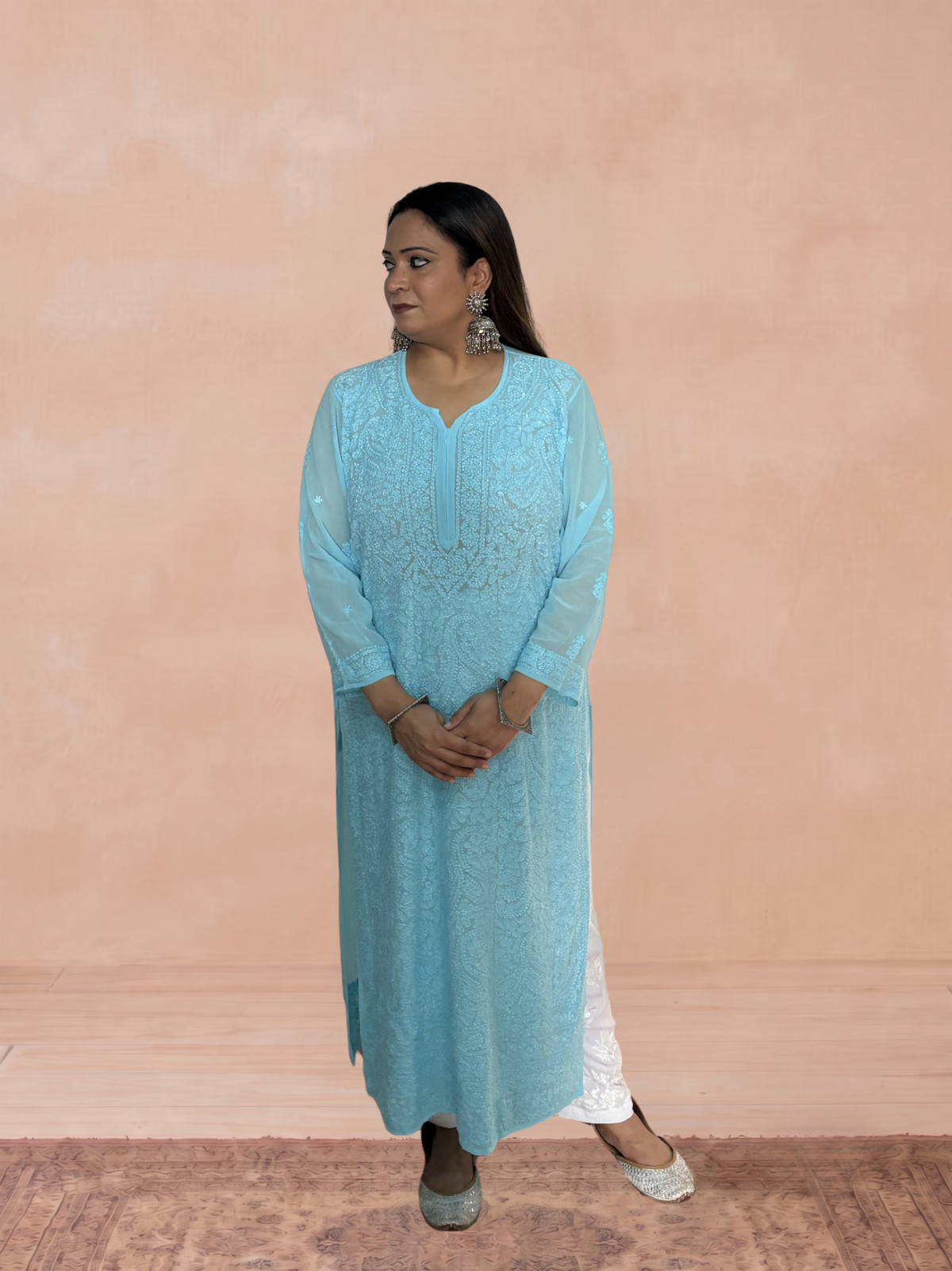 Georgette Chikankari Solid Women's Long Kurti - Blue