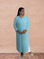 Georgette Chikankari Solid Women's Long Kurti - Blue