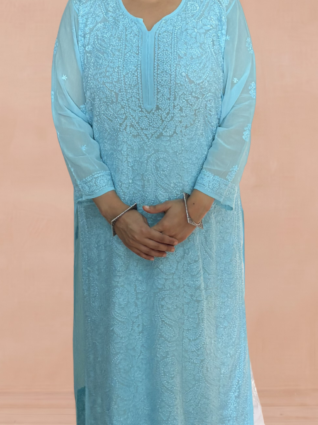 Georgette Chikankari Solid Women's Long Kurti - Blue