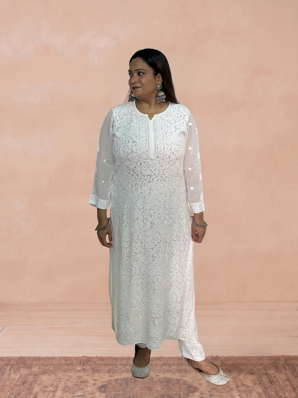 Georgette Chikankari Solid Women's Long Kurti - White