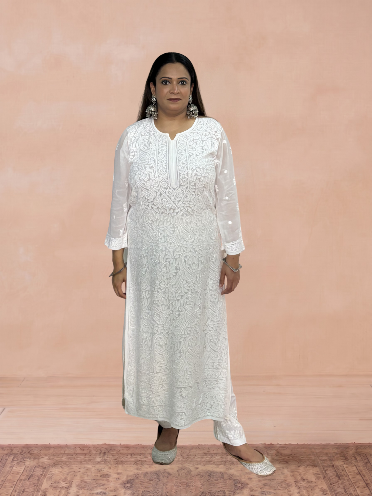 Georgette Chikankari Solid Women's Long Kurti - White