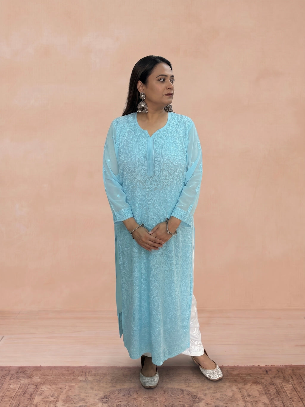Georgette Chikankari Solid Women's Long Kurti - Blue