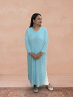 Georgette Chikankari Solid Women's Long Kurti - Blue