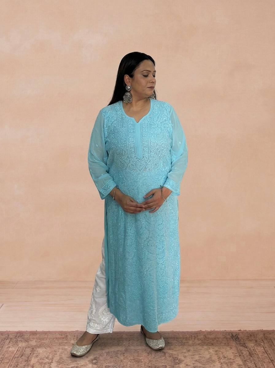 Georgette Chikankari Solid Women's Long Kurti - Blue
