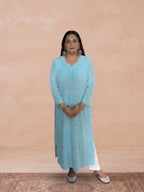 Georgette Chikankari Solid Women's Long Kurti - Blue