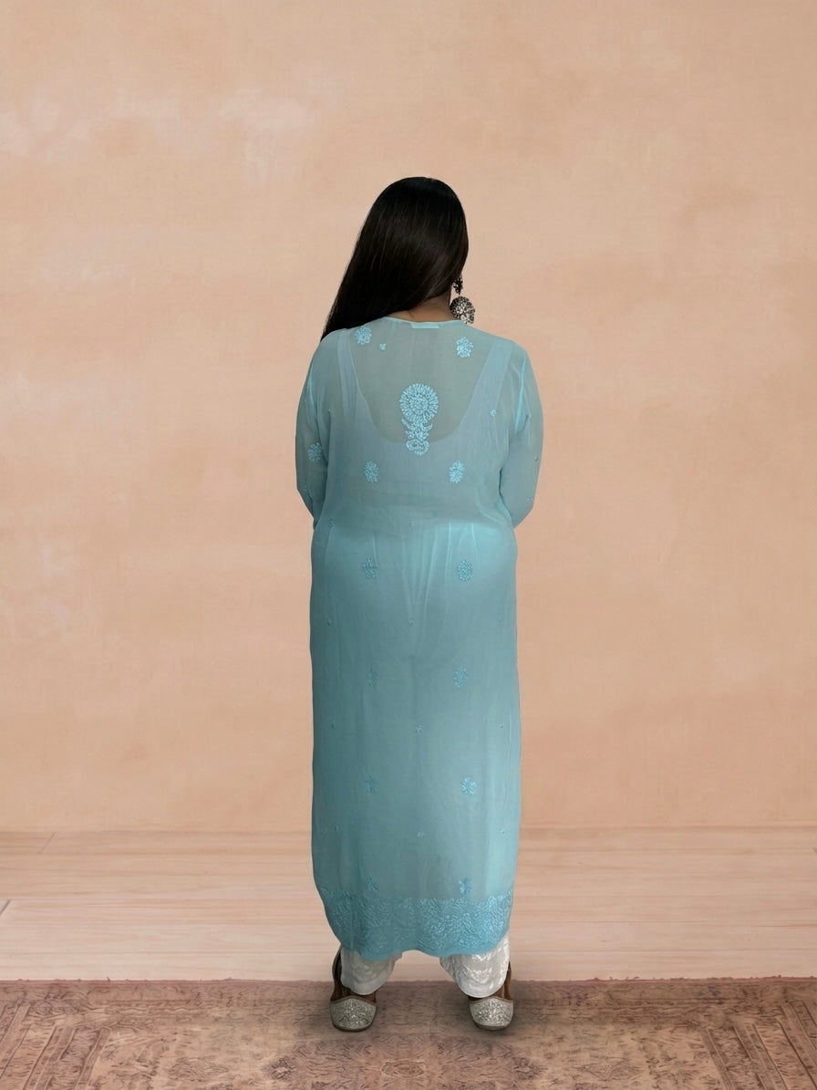 Georgette Chikankari Solid Women's Long Kurti - Blue