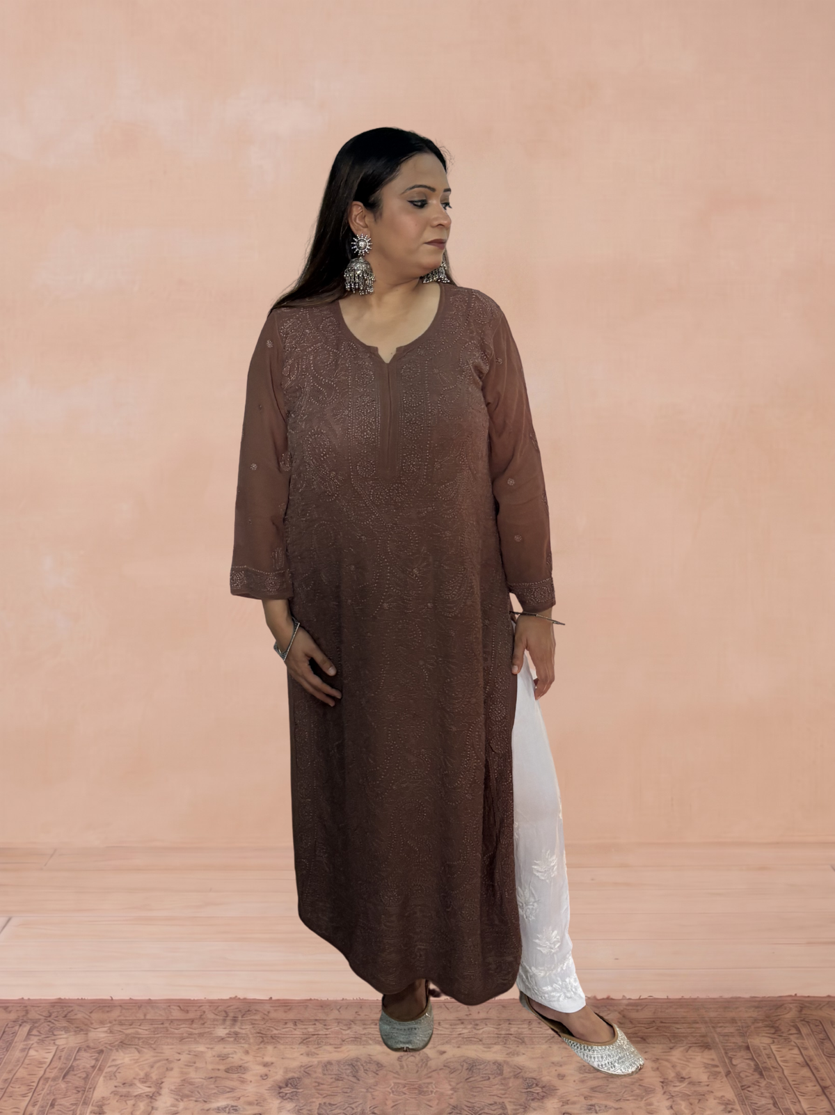 Georgette Chikankari Solid Women's Long Kurti - Chocolate Brown