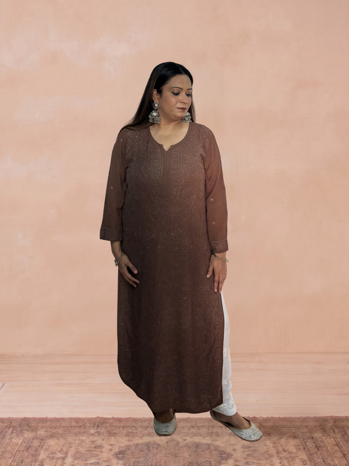 Georgette Chikankari Solid Women's Long Kurti - Chocolate Brown