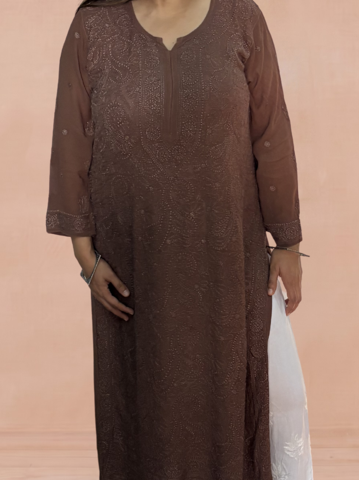 Georgette Chikankari Solid Women's Long Kurti - Chocolate Brown