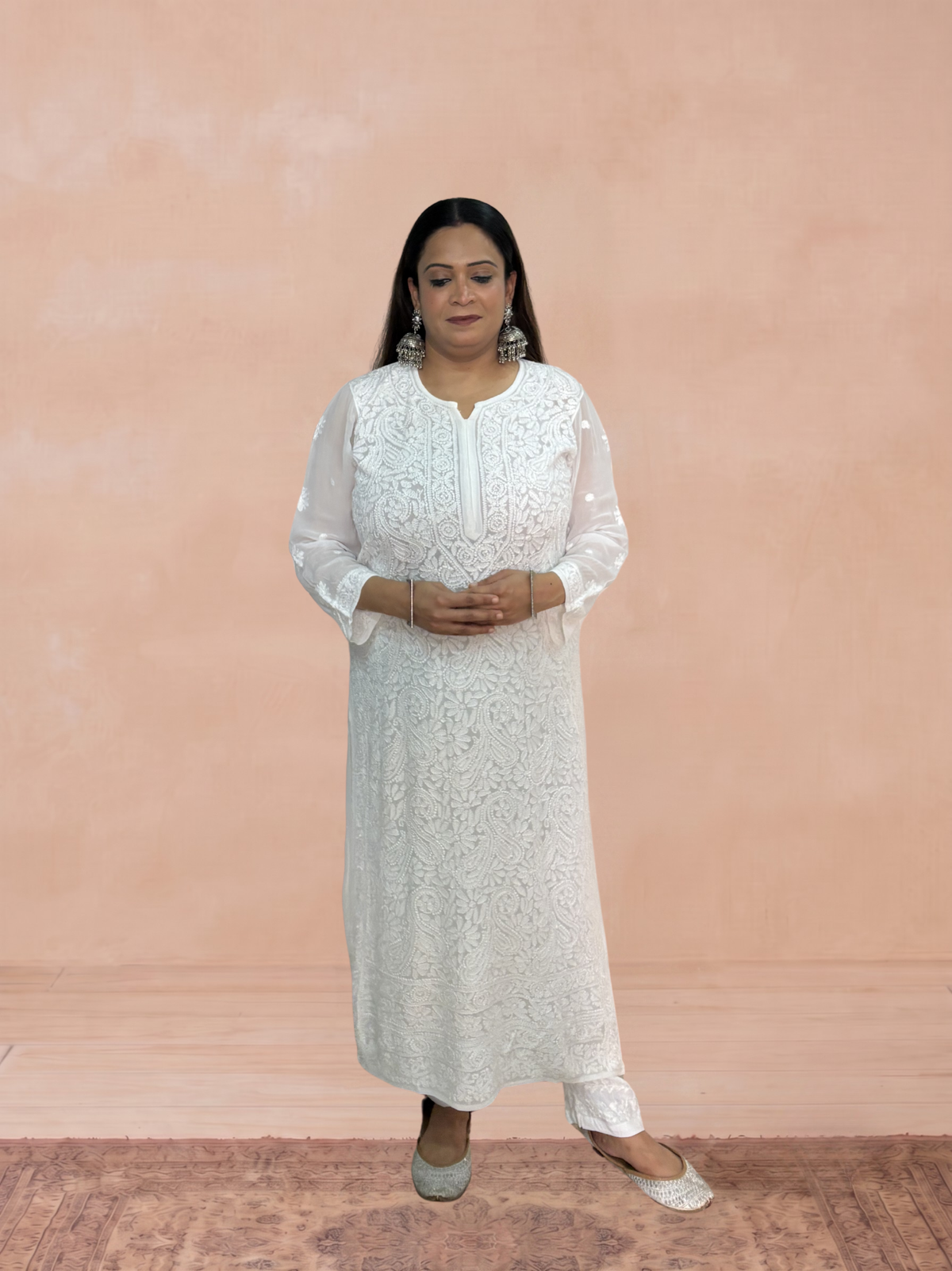 Georgette Chikankari Solid Women's Long Kurti - White