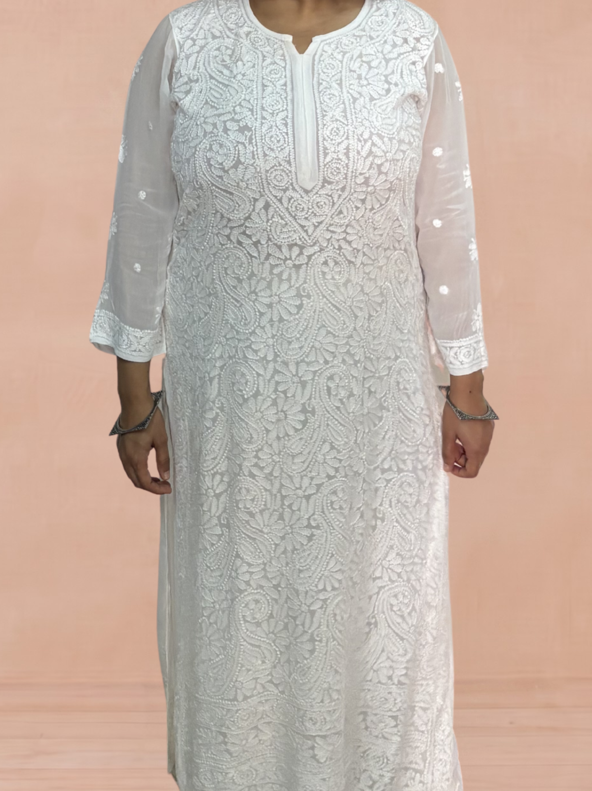Georgette Chikankari Solid Women's Long Kurti - White