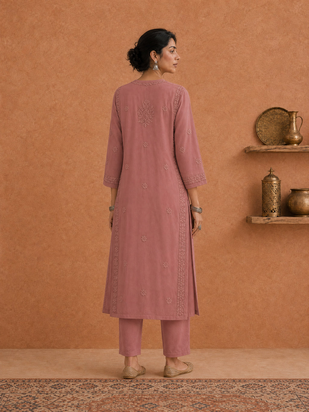 Shop Peach Utsav Georgette Chikankari Long Kurti women wear