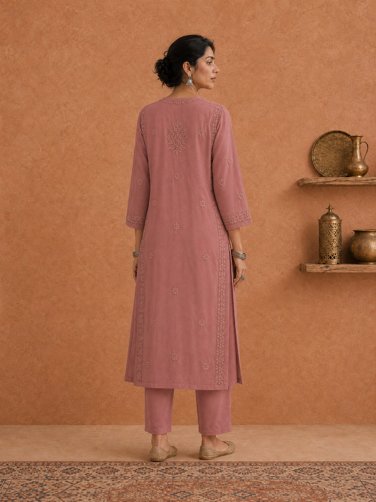 Shop Peach Utsav Georgette Chikankari Long Kurti women wear