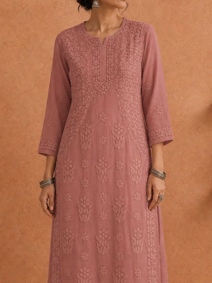 Shop Peach Utsav Georgette Chikankari Long Kurti women wear
