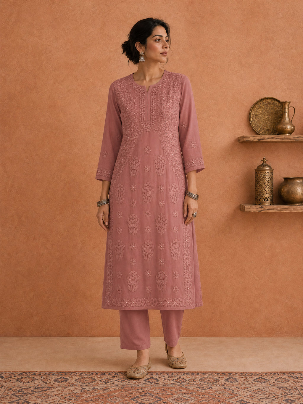 Shop Peach Utsav Georgette Chikankari Long Kurti women wear