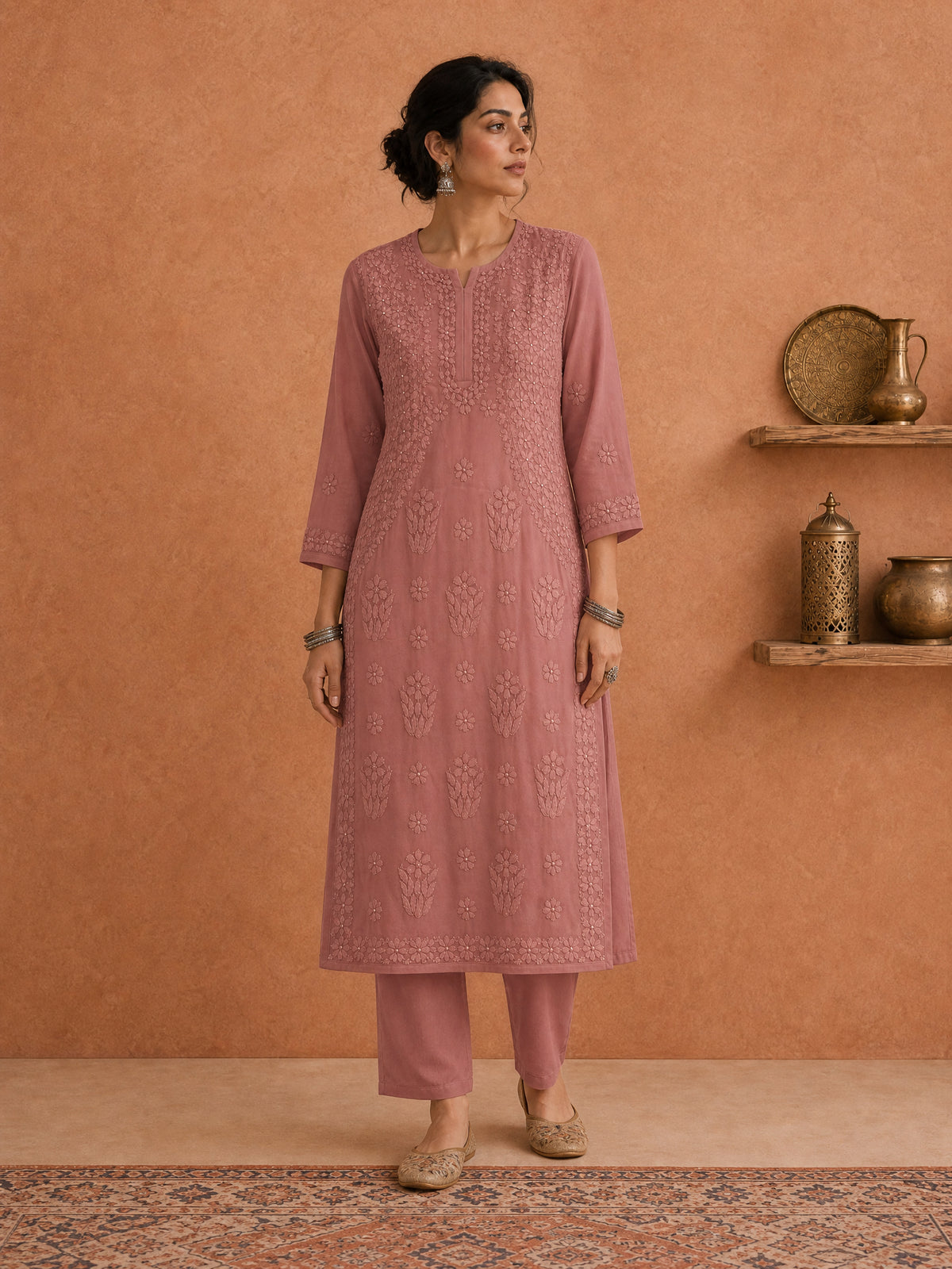 Shop Peach Utsav Georgette Chikankari Long Kurti women wear