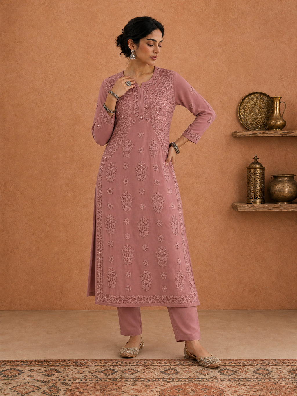 Shop Peach Utsav Georgette Chikankari Long Kurti women wear