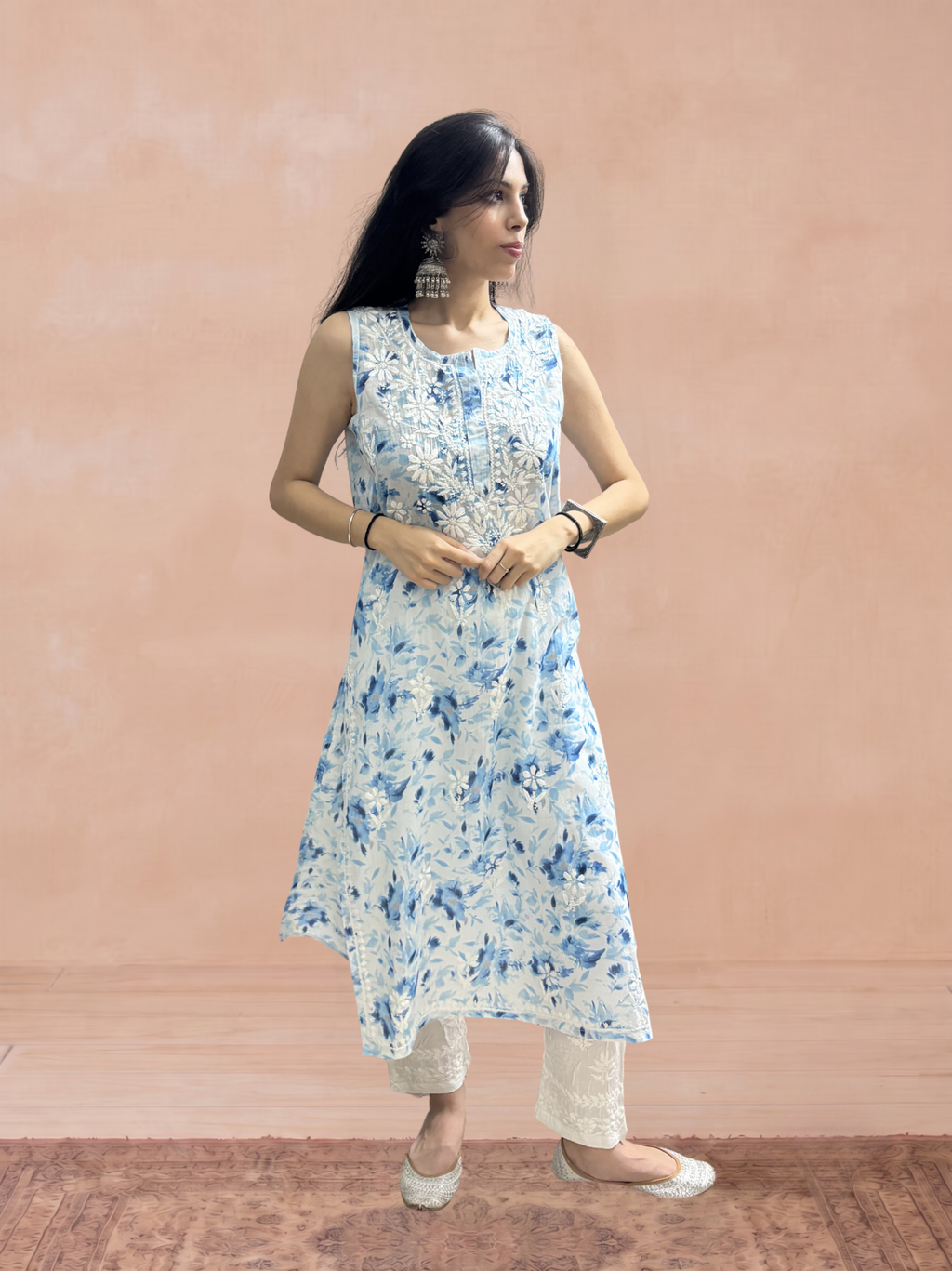 Mulmul Chikankari Printed Women's Long Kurti - Blue