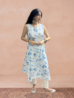 Mulmul Chikankari Printed Women's Long Kurti - Blue