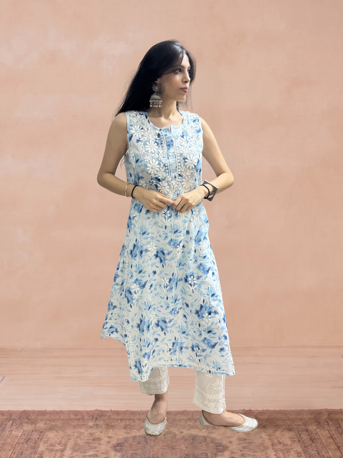 Mulmul Chikankari Printed Women's Long Kurti - Blue